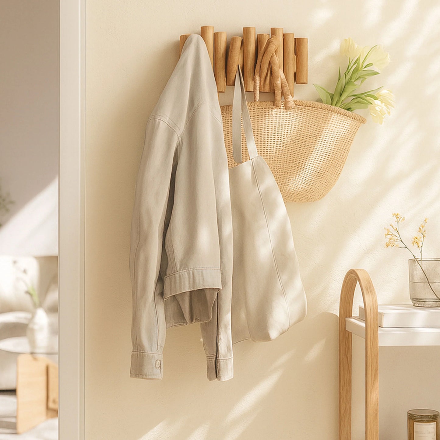 Wooden Wall Coat Rack | Fold-Down Hook Storage