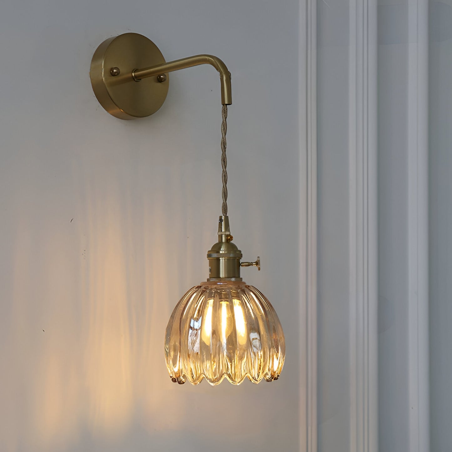 Modern Glass Wall Sconce | Pink Ribbed Shade & Brushed Gold Finish