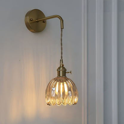 Modern Glass Wall Sconce | Pink Ribbed Shade & Brushed Gold Finish