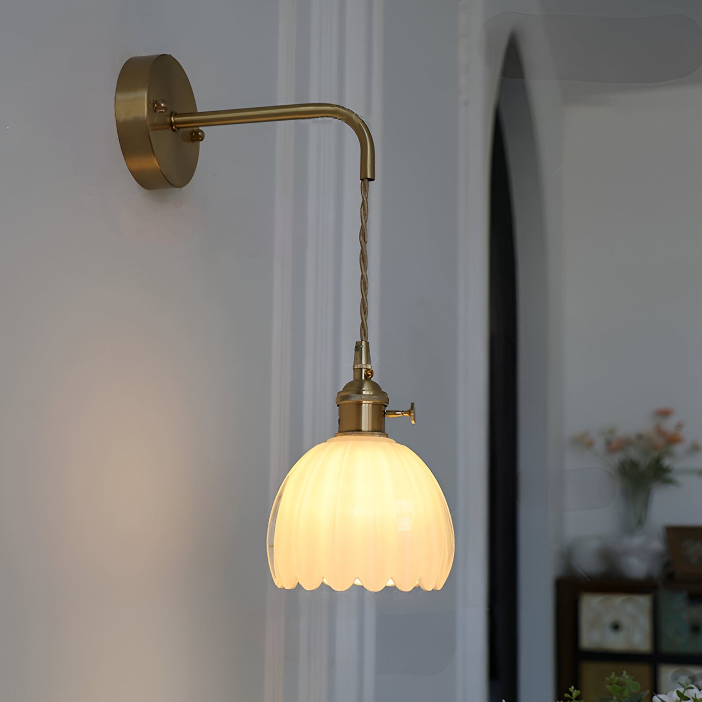 Modern Glass Wall Sconce | Pink Ribbed Shade & Brushed Gold Finish