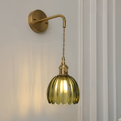 Modern Glass Wall Sconce | Pink Ribbed Shade & Brushed Gold Finish