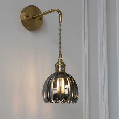 Modern Glass Wall Sconce | Pink Ribbed Shade & Brushed Gold Finish