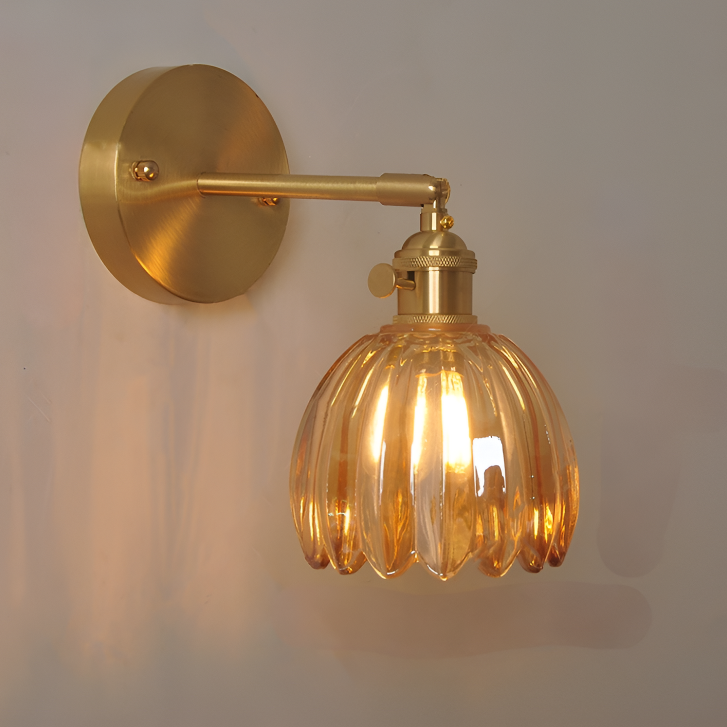 Modern Glass Wall Sconce | Pink Ribbed Shade & Brushed Gold Finish