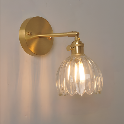 Modern Glass Wall Sconce | Pink Ribbed Shade & Brushed Gold Finish