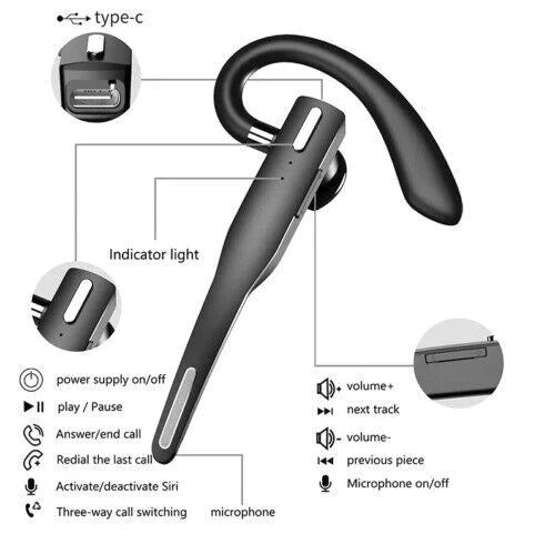 Bluetooth Headset Wireless Earbud Noise Cancelling Handsfree Mic