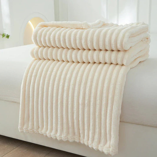 Wide Striped Fleece Blanket | Soft Ribbed Cosy Throw